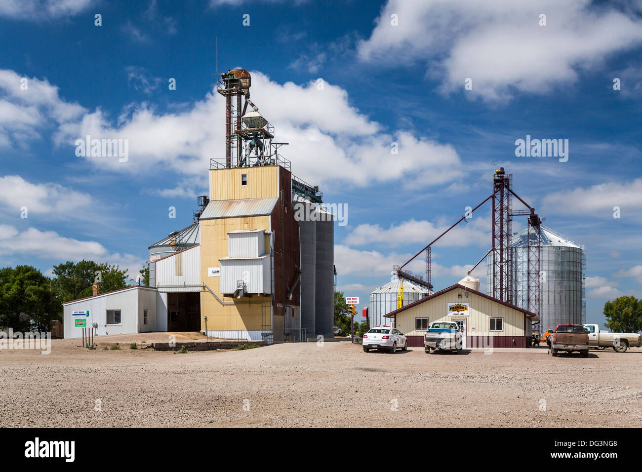 An elevator and grain storage bins at Hague, North Dakota, USA Stock