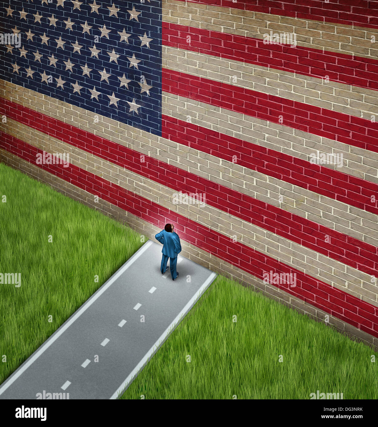 Closed America and United States government shutdown concept as a metaphor for US closure or strict immigration policy as a businessman on a road blocked by giant brick wall with a painted flag blocking entrance as a trade or business barrier. Stock Photo