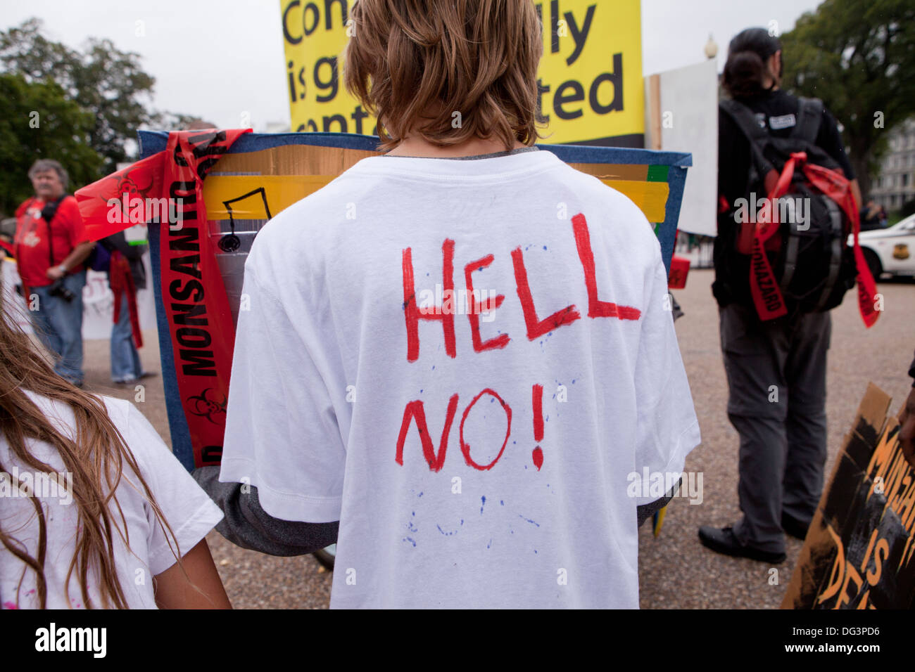 Young man wearing t-shirt with Hell No message at protest rally - USA Stock Photo