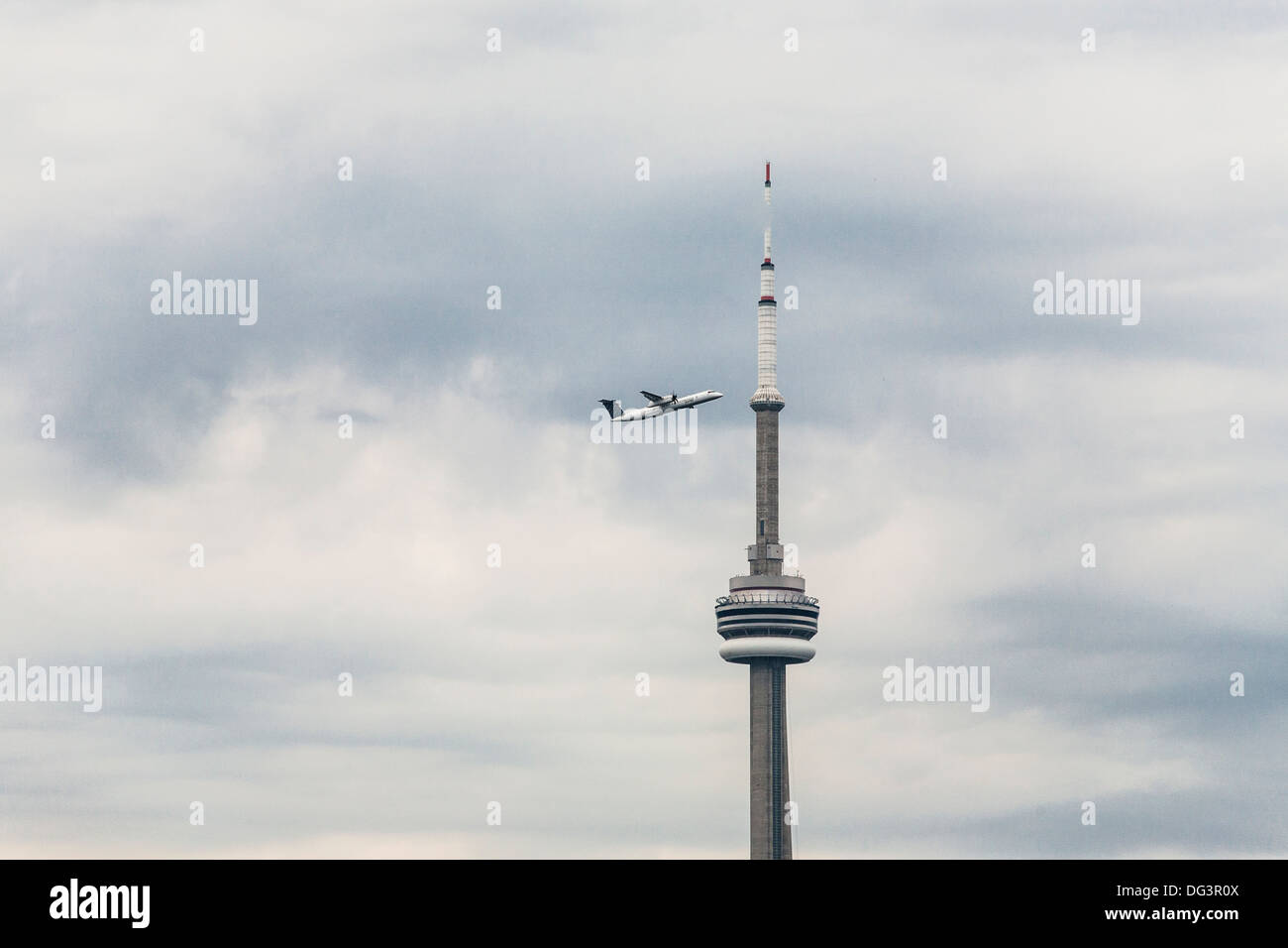 A Porter Airlines airplane takes off from Billy Bishop Toronto City Airport. Stock Photo