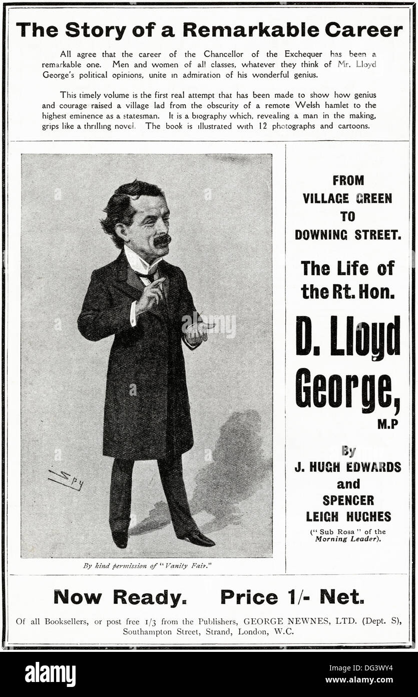 Original 1900s advertisement advertising book on DAVID LLOYD GEORGE MP. Magazine advert circa 1908 Stock Photo