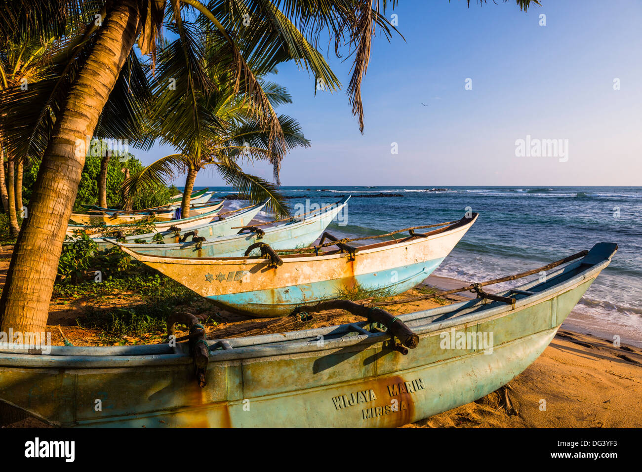 Traditional Sri Lanka fishing boats on Mirissa Beach, South Coast, Sri Lanka, Asia Stock Photo
