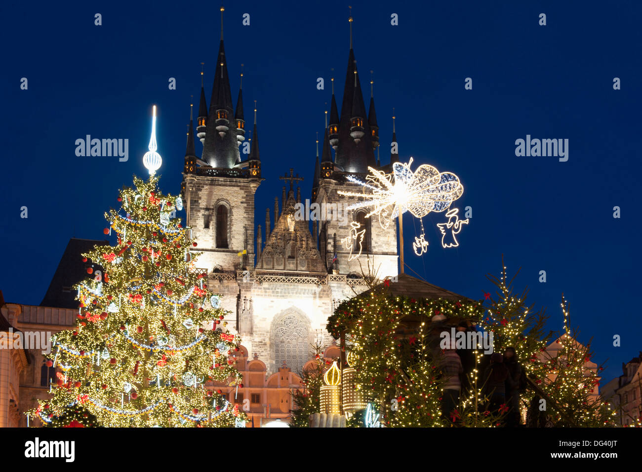 Christmas Tree And Decorations In Front Of Tyn Gothic Church Old