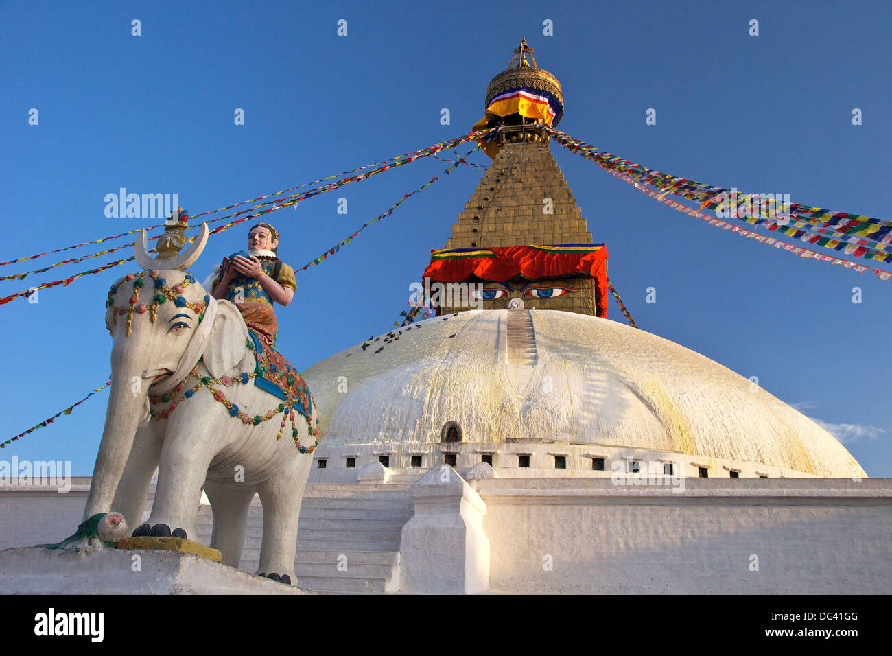 Warrior on elephant guards the north side of Boudhanath Stupa, UNESCO World Heritage Site, Kathmandu, Nepal, Asia Stock Photo