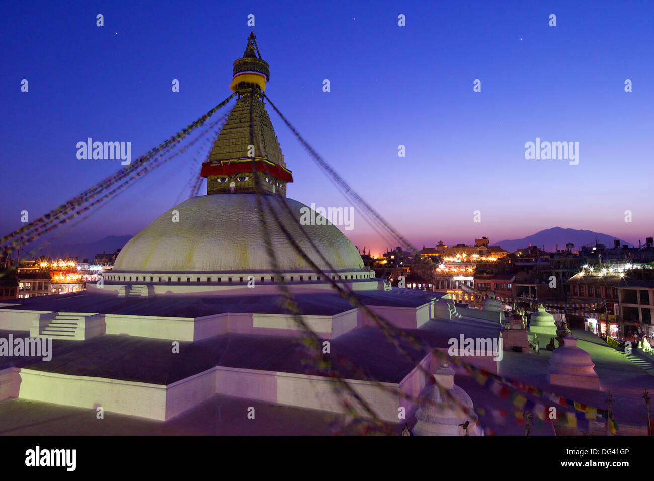 Boudhanath Stupa at sunset, UNESCO World Heritage Site, Kathmandu, Nepal, Asia Stock Photo