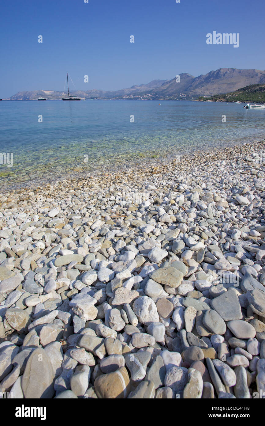 Pebble beach, Cavtat, Dubrovnik Riviera, Dalmatian Coast, Dalmatia, Croatia, Europe Stock Photo