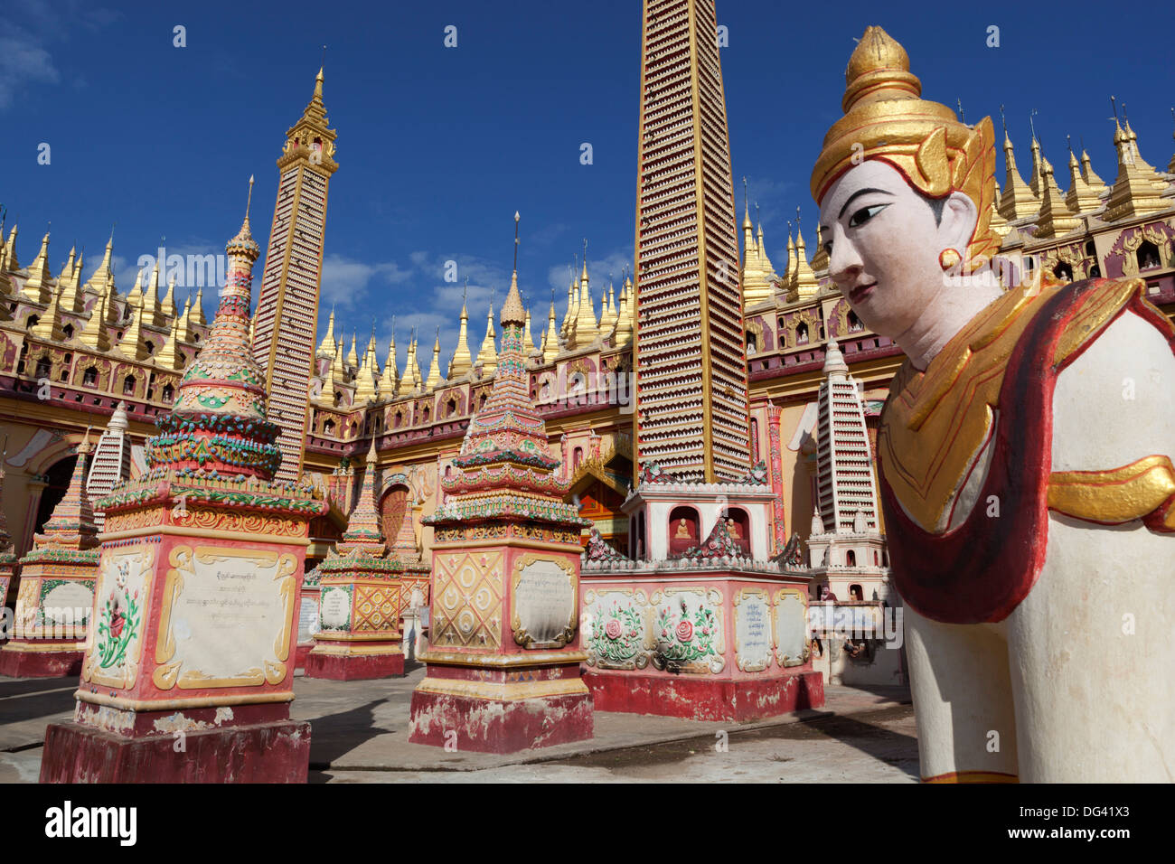 Thanboddhay Paya (pagoda) decorated with mini Buddha images and gilt mini-stupas, near Monywa, Monywa Region, Myanmar (Burma) Stock Photo