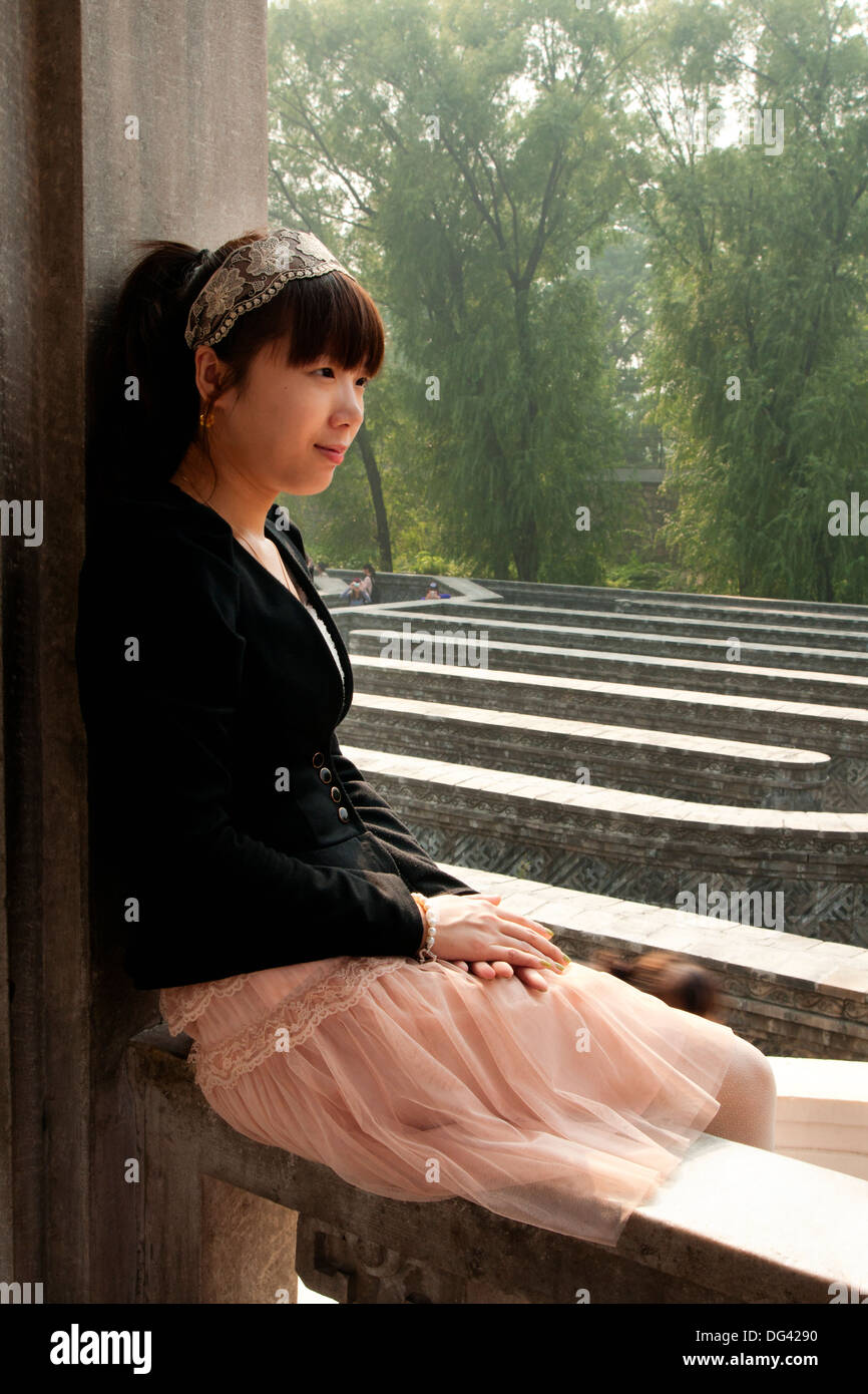 Young Chinese woman, Pavilion at the Labyrinth Maze Garden, Yuanmingyuan Park, Old Summer Palace, Beijing, China, Asia Stock Photo