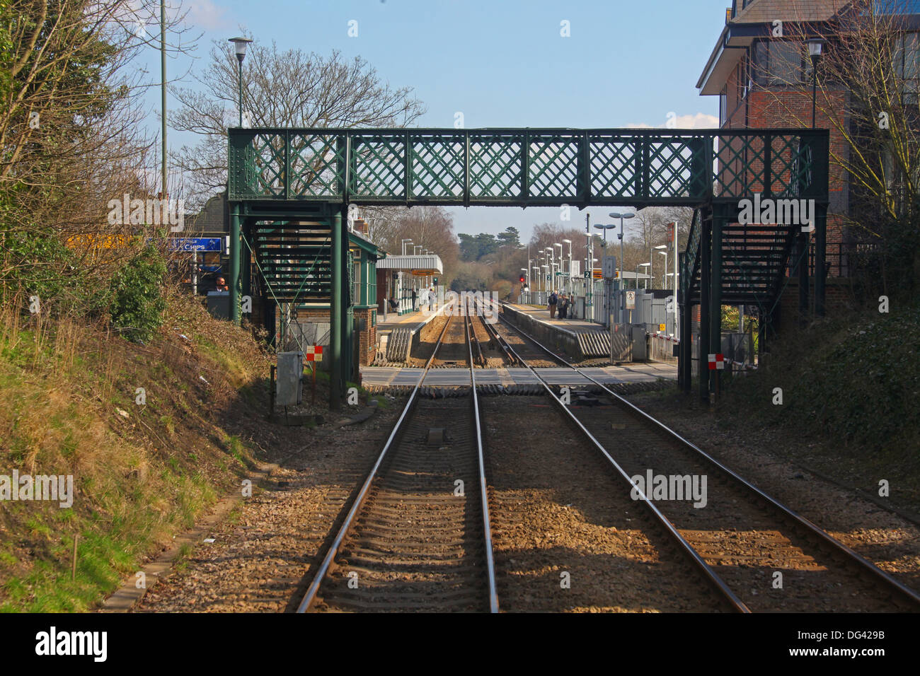 Drivers view approaching Reigate station on the South Downs railway route. Stock Photo