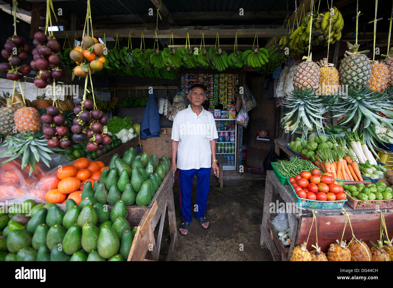 Stall holder in roadside fruit and vegetable stall, Lembang, Bandung