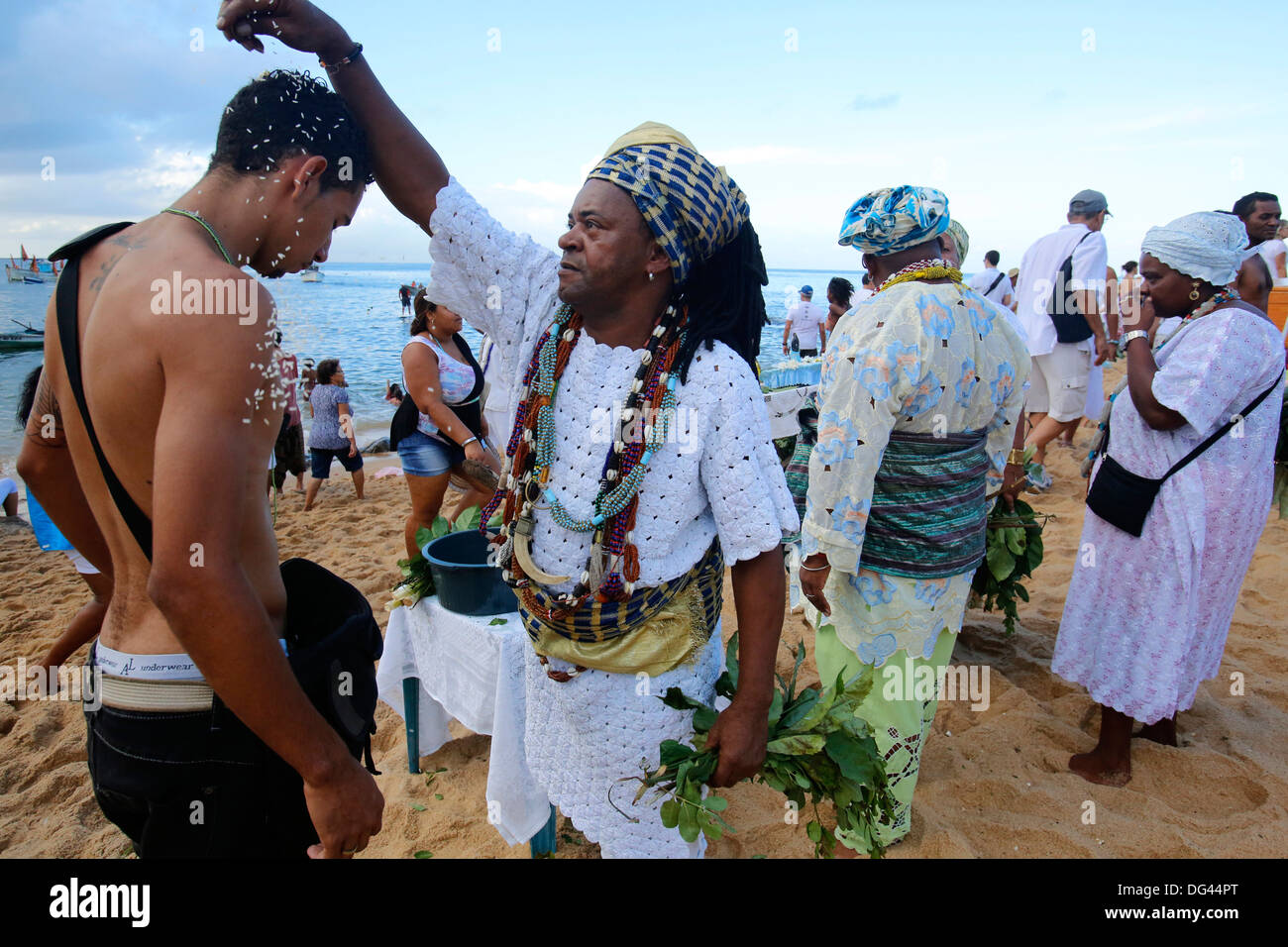 Candomble priest performing a ritual during Lemanja festival in Rio