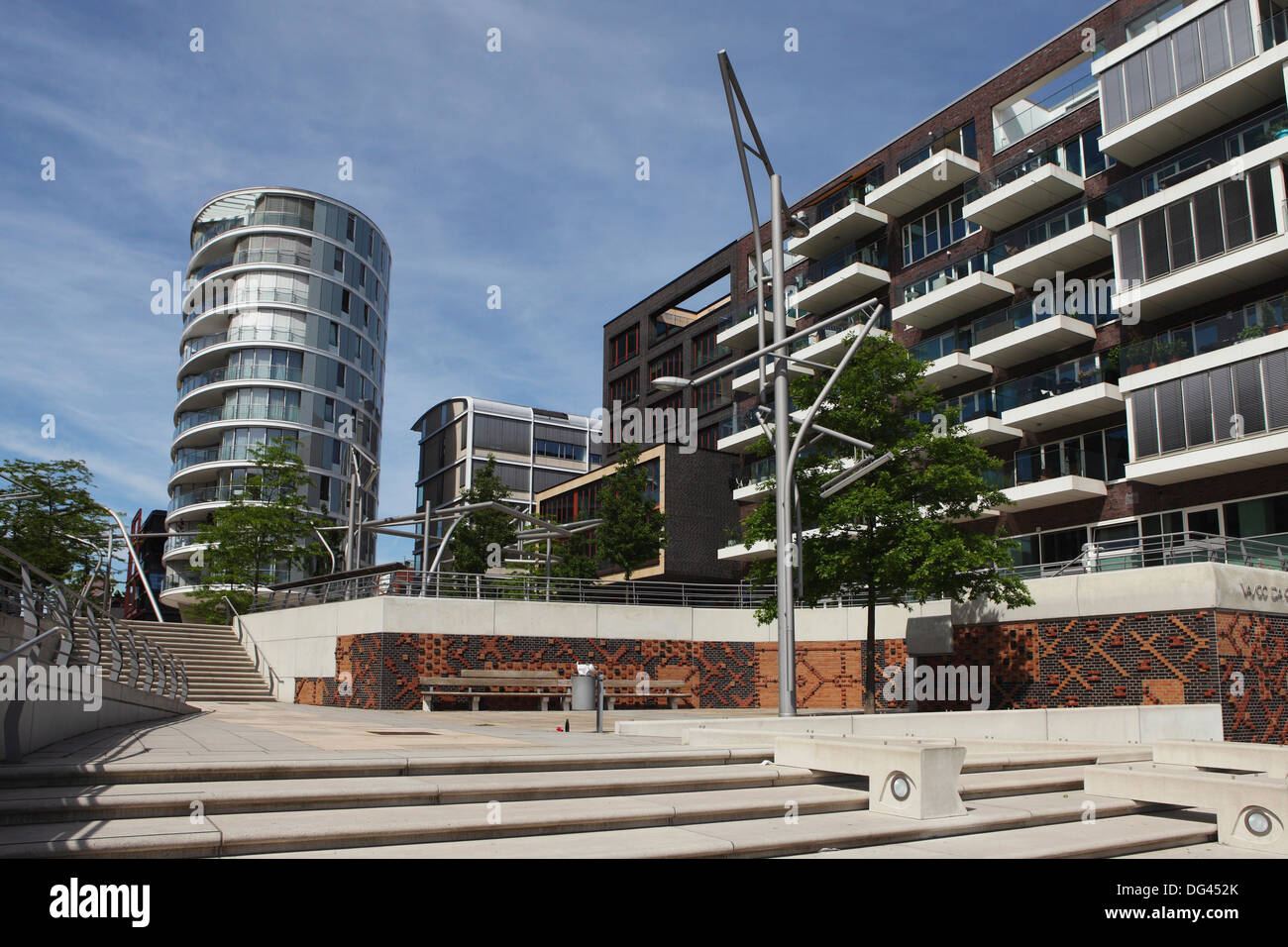 Contemporary buildings at Vasco da Gama Platz in the recently developed HafenCity district of Hamburg, Germany, Europe Stock Photo