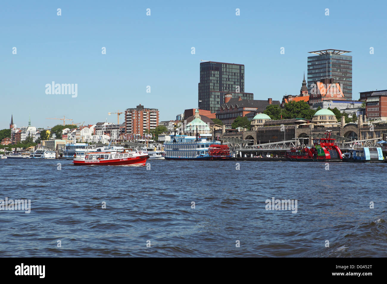 Shipping runs along the waterfront of the St. Pauli district, by the River Elbe, in Hamburg, Germany, Europe Stock Photo