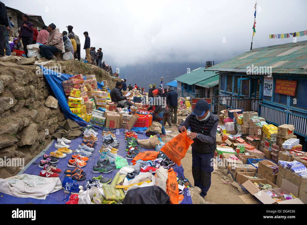 Market stalls in Namche Bazaar, Nepal, Asia Stock Photo