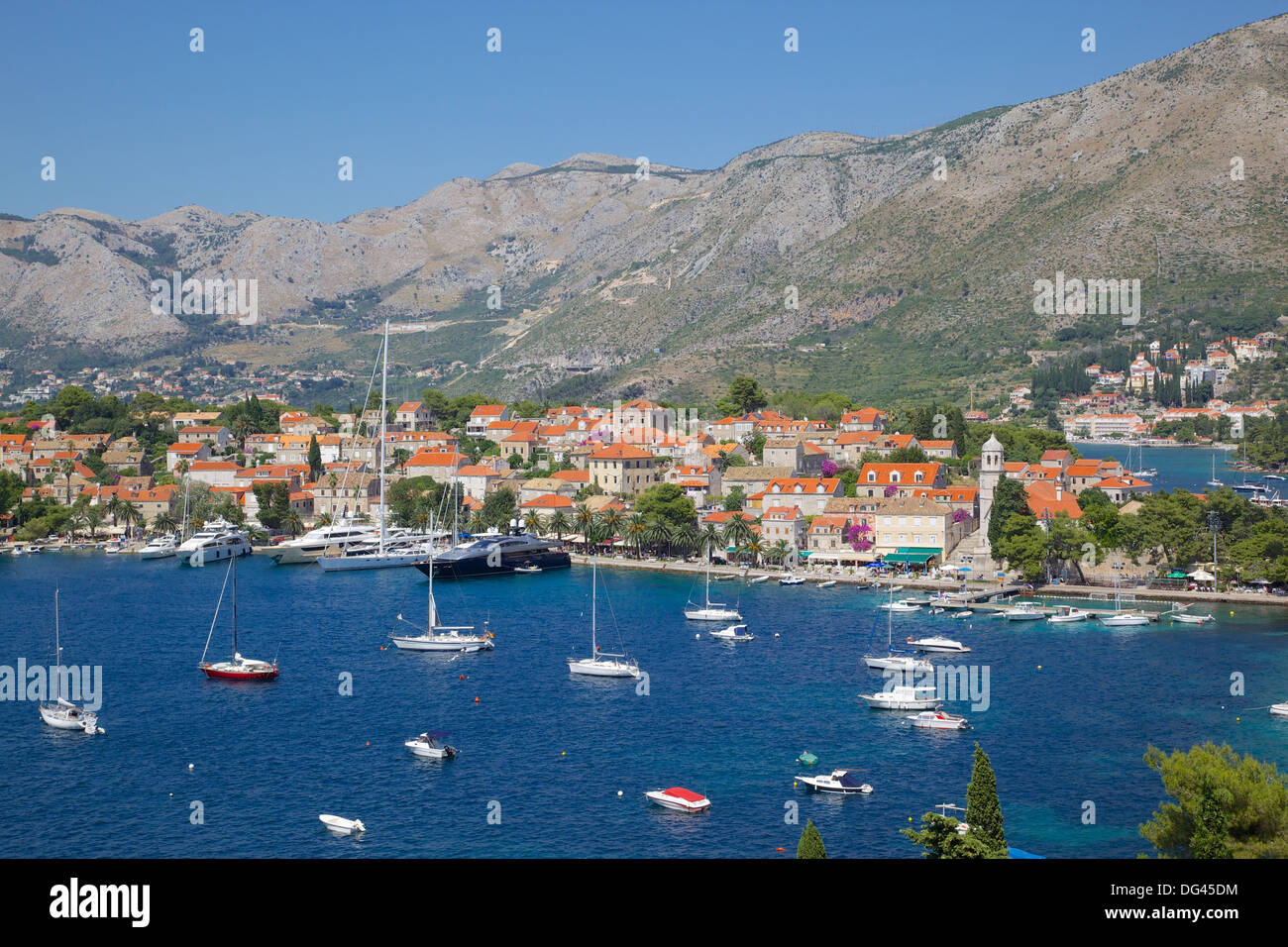 View of Old Town and Adriatic Coast, Cavtat, Dubrovnik Riviera, Dalmatian Coast, Dalmatia, Croatia, Europe Stock Photo