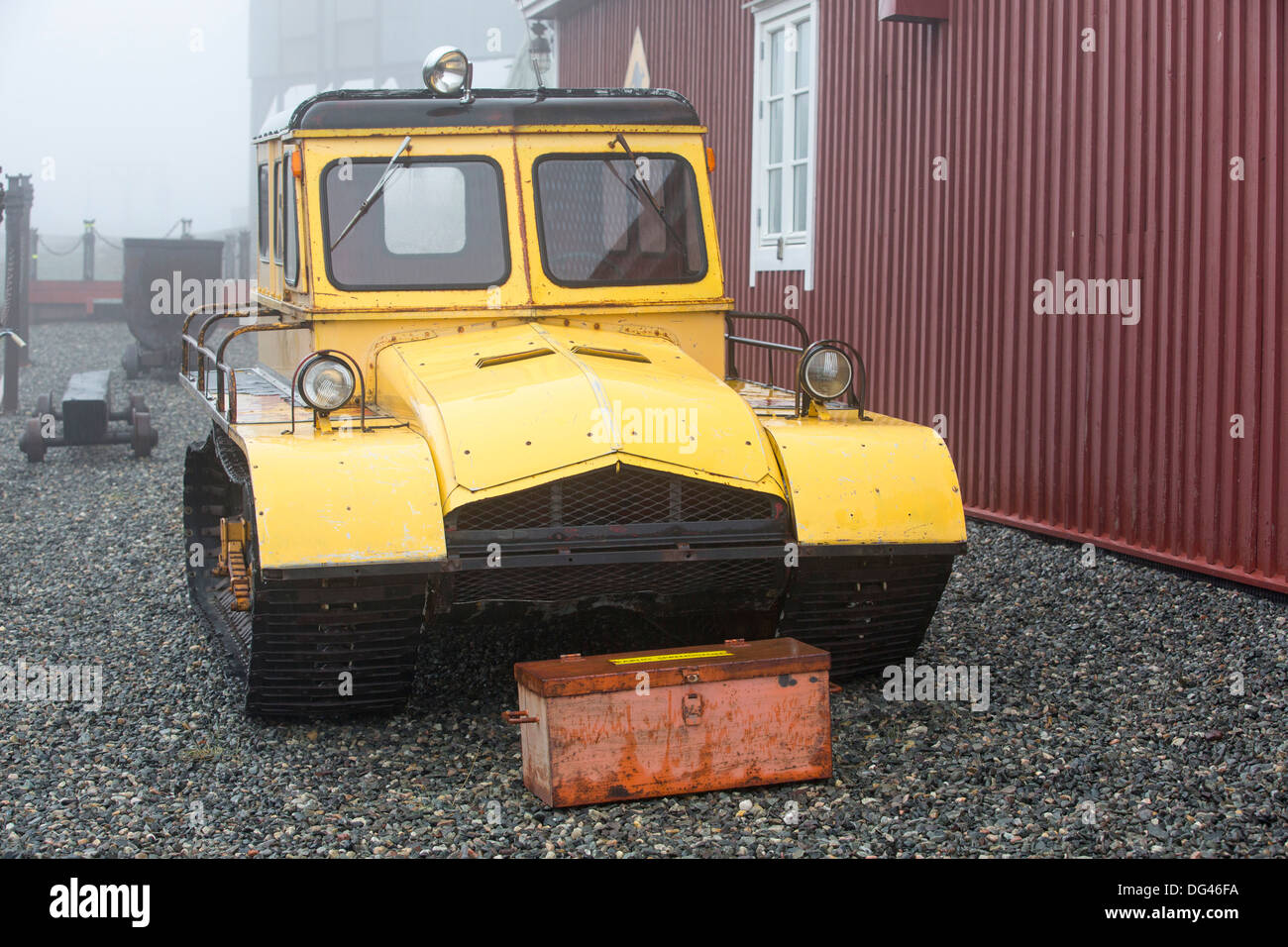 An old caterpillar tracked vehicle in Longyearbyen, Spitsbergen, Svalbard. Stock Photo