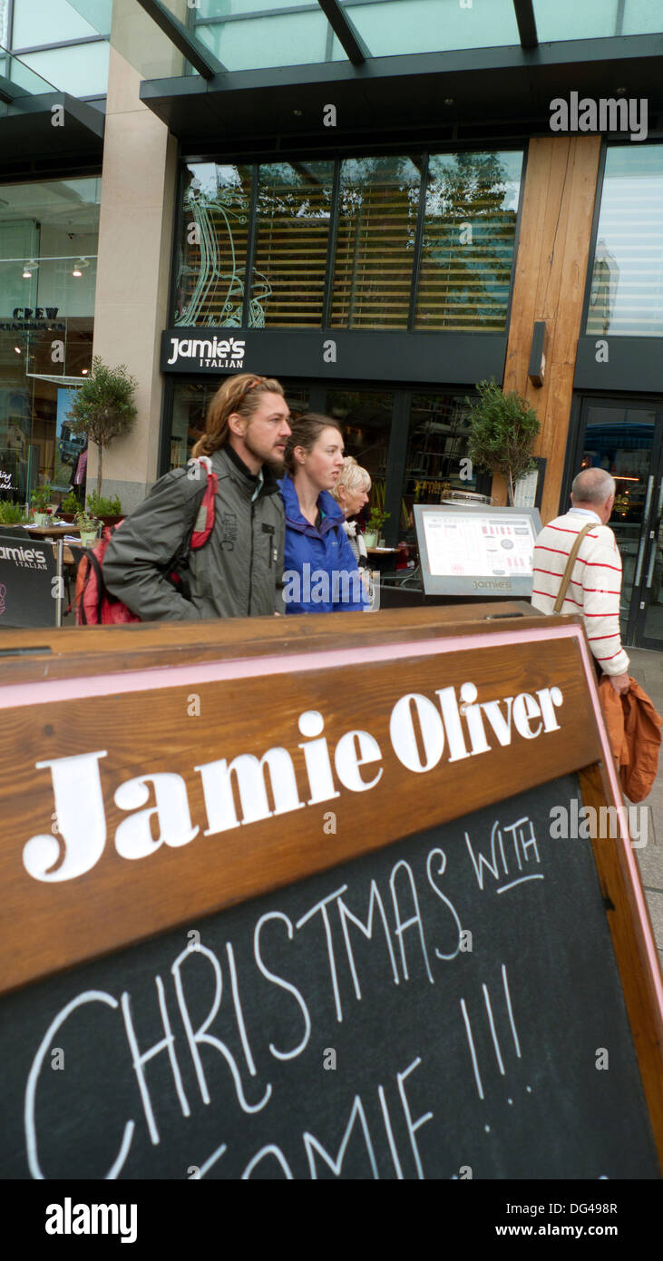Jamie Oliver sign advert for Christmas outside Jamie's Italian restaurant Cardiff city centre Wales UK  KATHY DEWITT Stock Photo