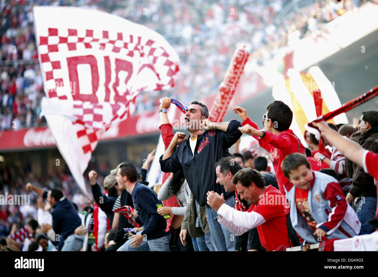 Sevilla FC radical fans, AKA as Biris, celebrating a goal. Spanish Liga  football game between Sevilla FC and Real Madrid CF Stock Photo - Alamy