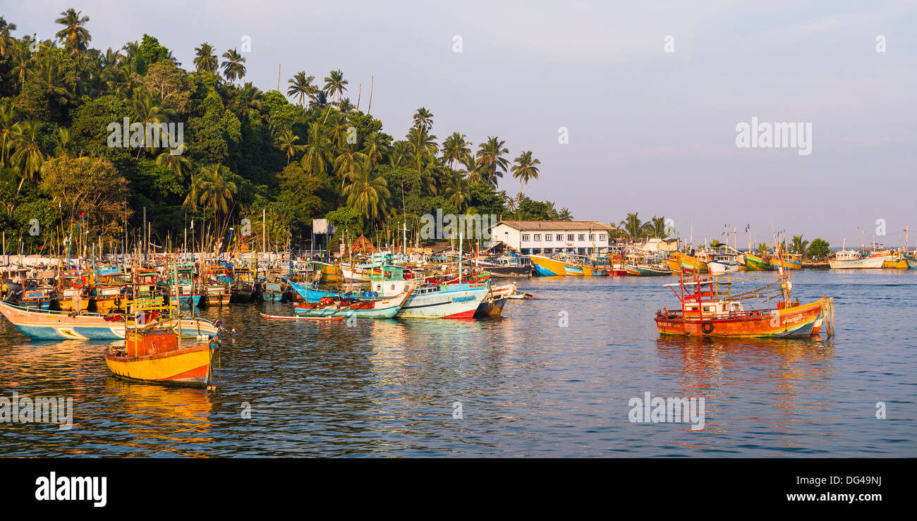 Old commercial fishing boats in Mirissa Harbour, South Coast of Sri Lanka, Asia Stock Photo