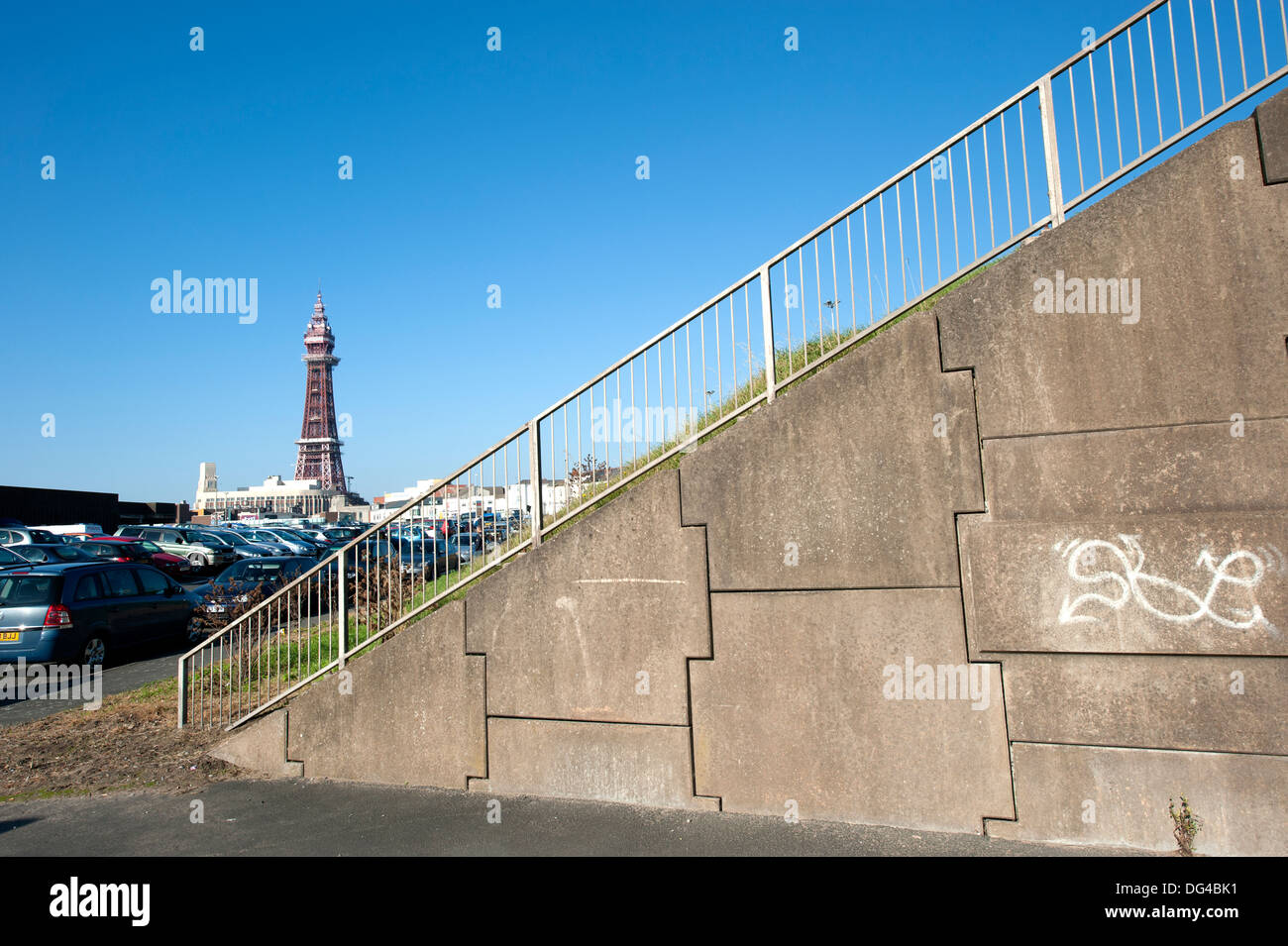 Blackpool Tower and Tourists Car Park Fylde UK Stock Photo