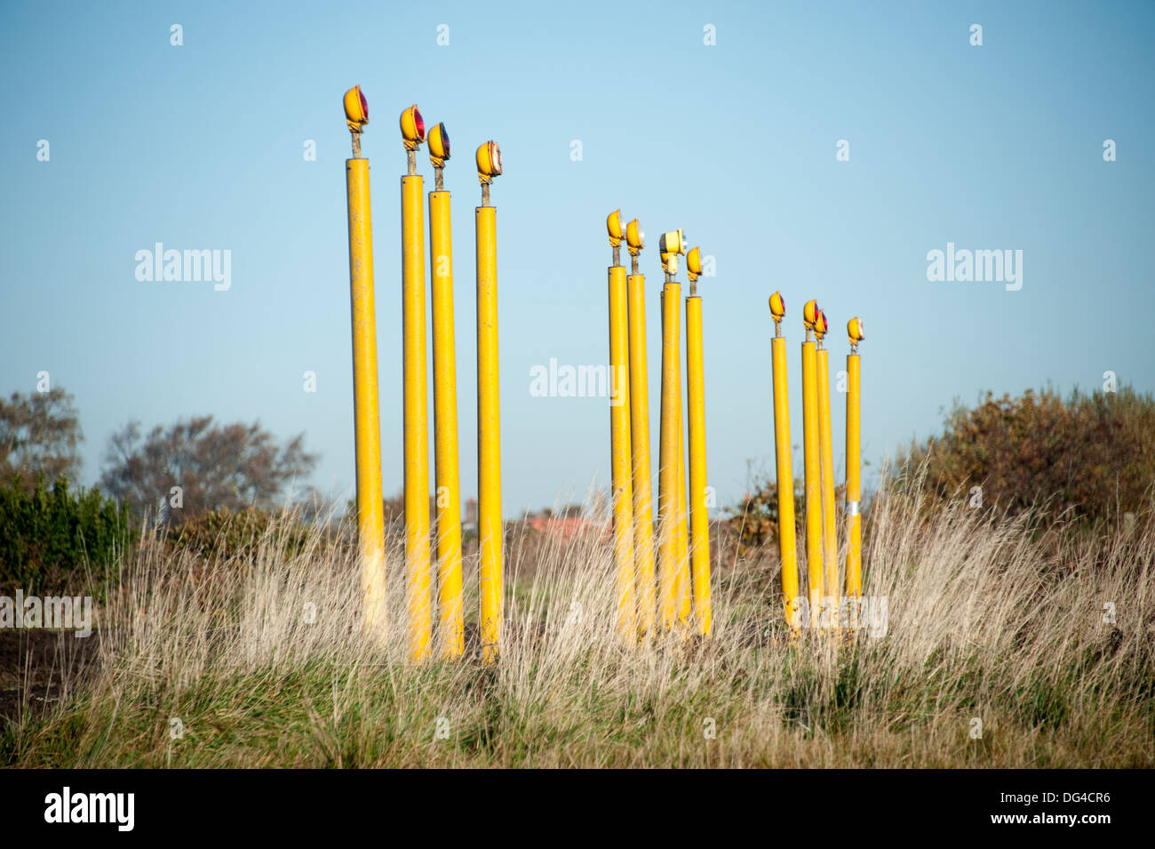 Airport Runway Lights Beacons line up for Stock Photo