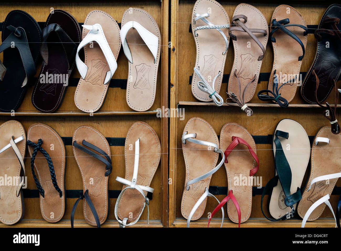 Shop sells handmade leather sandals in historic Plaka neighborhood. Athens,  Greece on October 2013 Stock Photo - Alamy