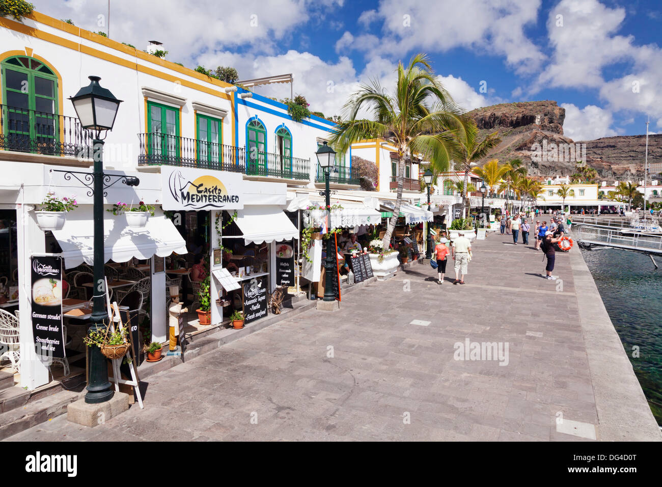 Restaurants and shops along the promenade in the old town, Puerto de Mogan, Gran Canaria, Canary Islands, Spain, Europe Stock Photo