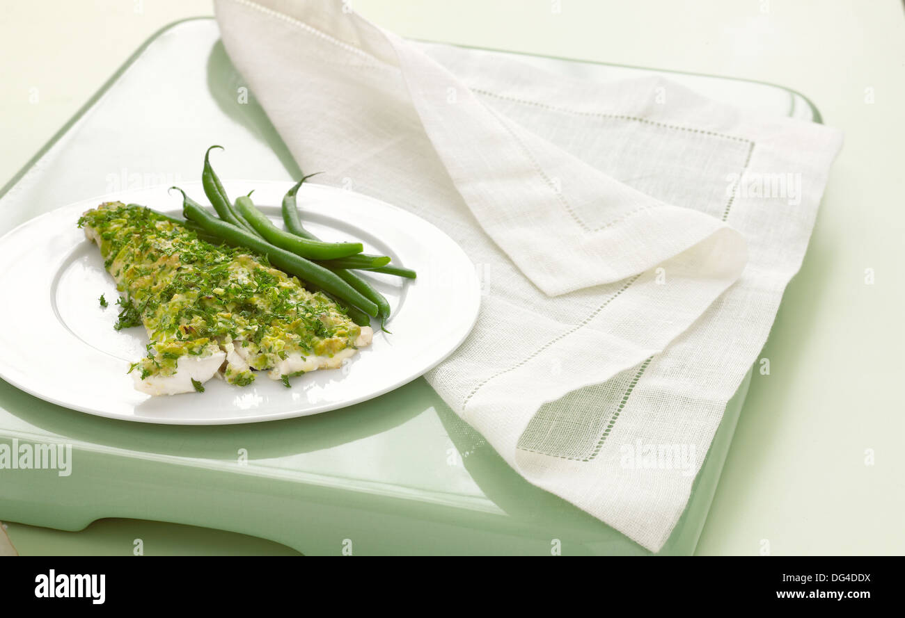 Sea bass with crushed peas & green beans Stock Photo Alamy