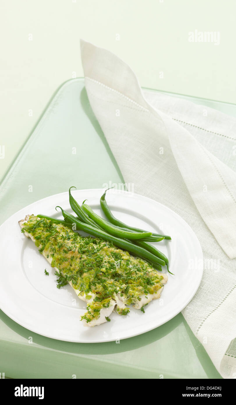 Sea bass with crushed peas & green beans Stock Photo Alamy