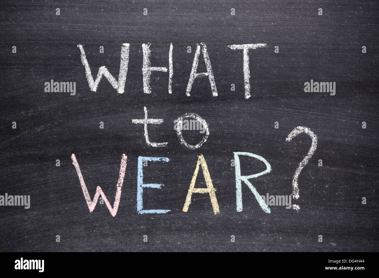 what to wear question handwritten on school blackboard Stock Photo Alamy