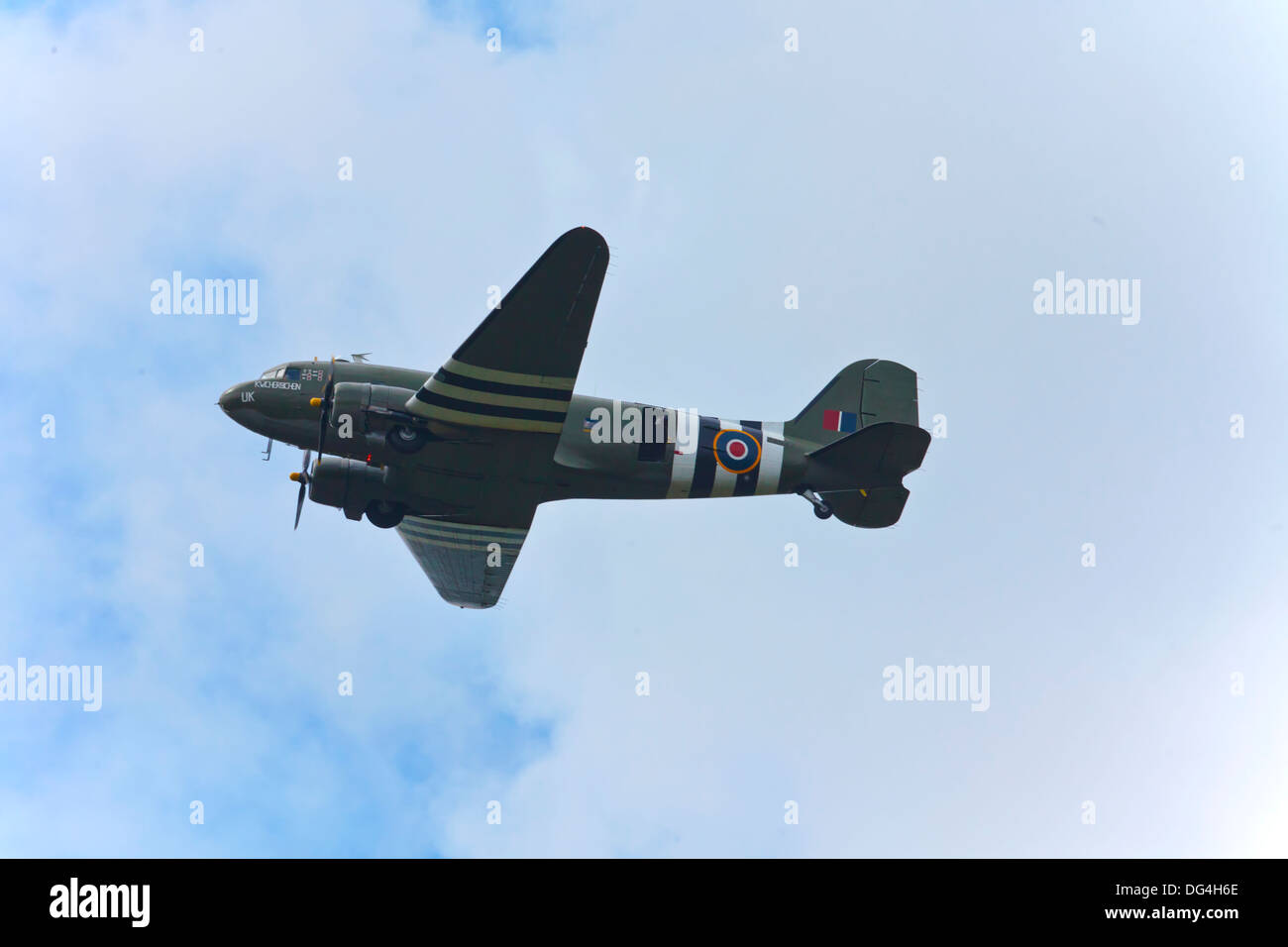 Dakota airplane flying at the WWll Day event in Saddleworth, England on August 10, 2013. Stock Photo