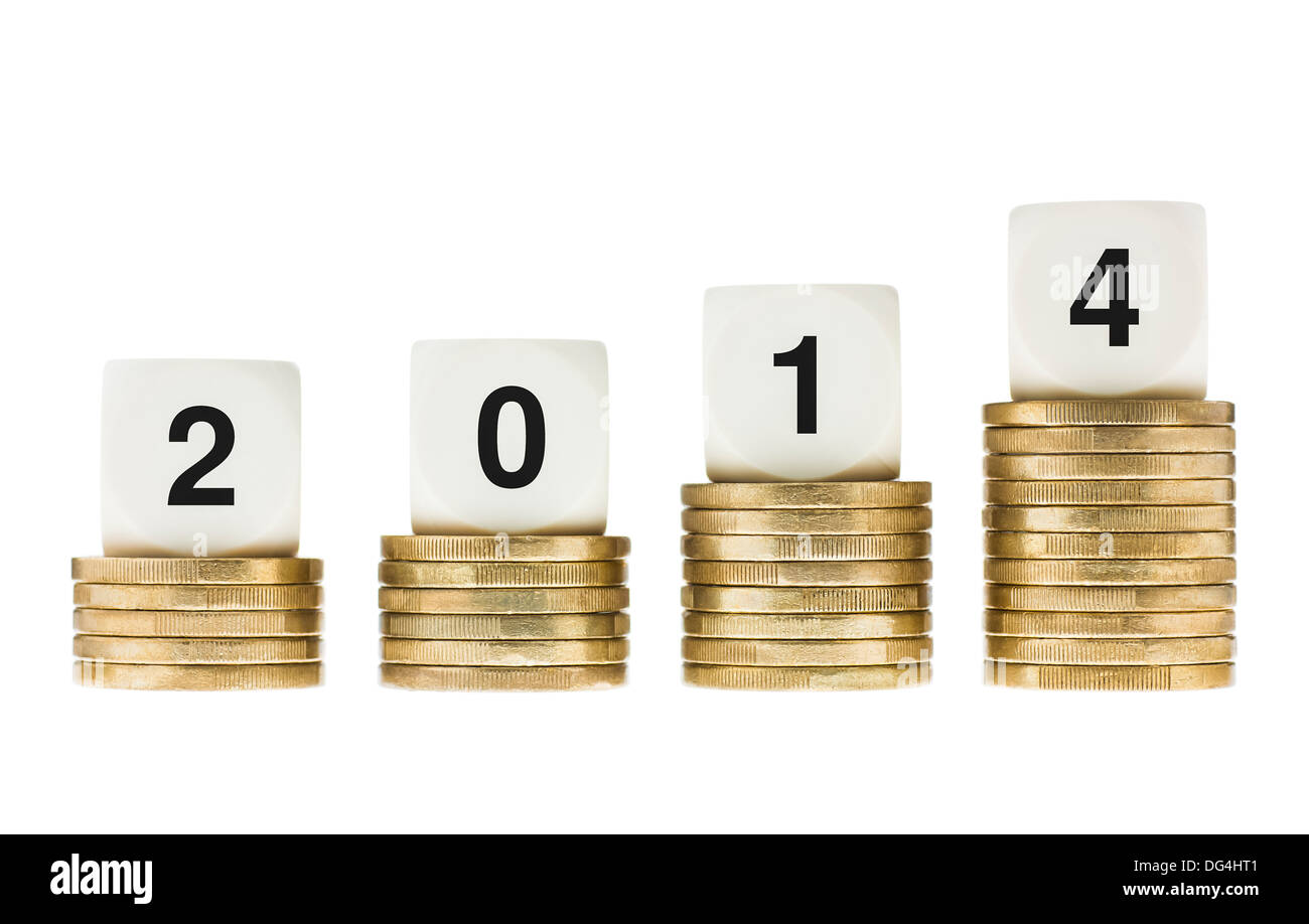 Year 2014 on Stacks of Gold Coins with White Background Stock Photo - Alamy