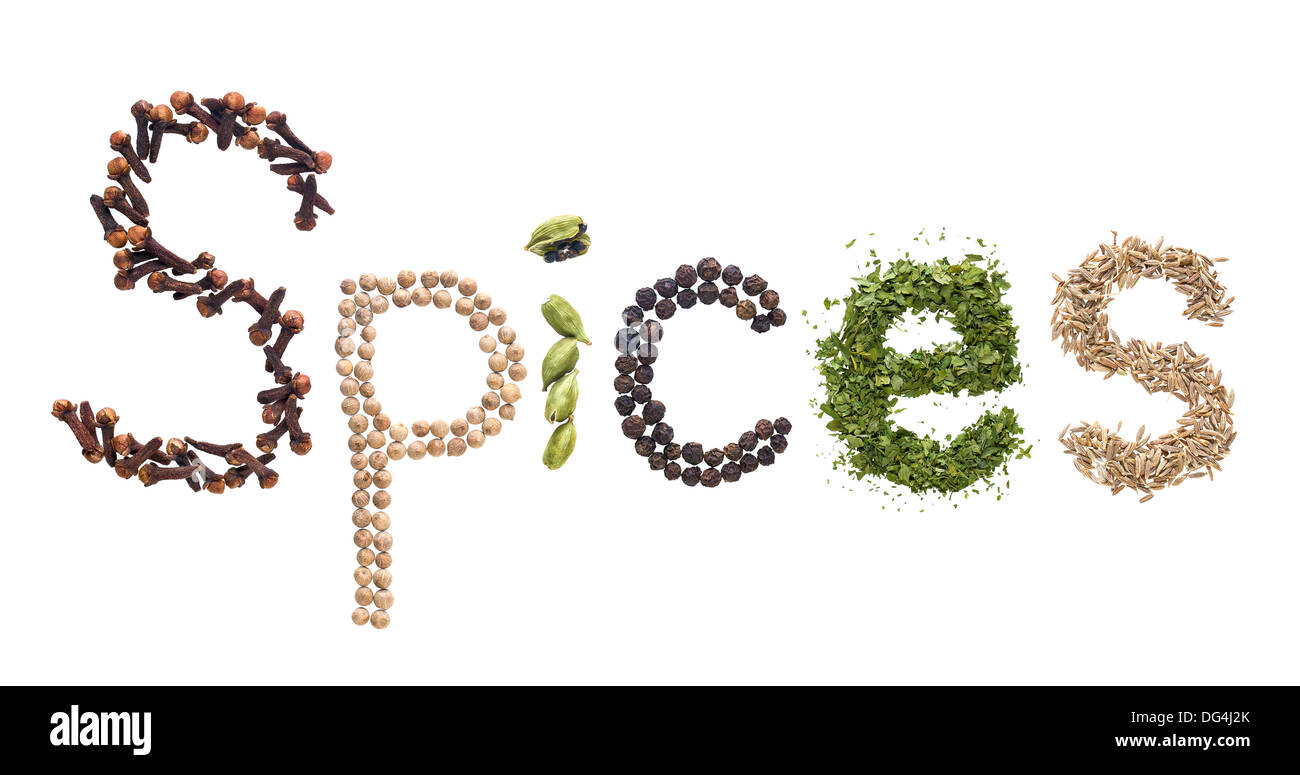 The "spices" word made of various herbs and seeds isolated on white