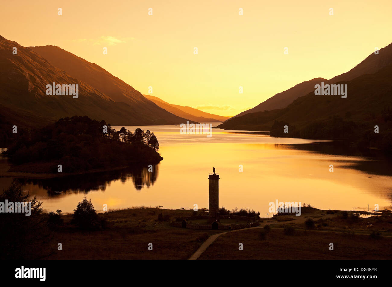Glenfinnan Monument, sunset with Loch Shiel in background, Lochaber, Scotland, UK Stock Photo