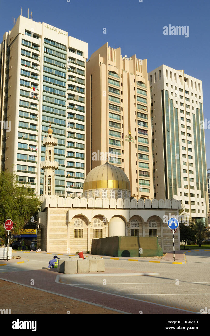 mosque and multistory buildings at Al Ittihad Square, Emirate Abu Dhabi, United Arab Emirates, UAE, Arabia, Middle east, West Stock Photo