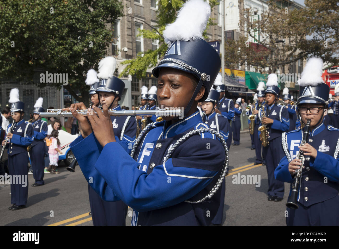 School marching bands march in the annual Ragamuffin Parade in Bay Ridge Brooklyn, NY. Stock Photo