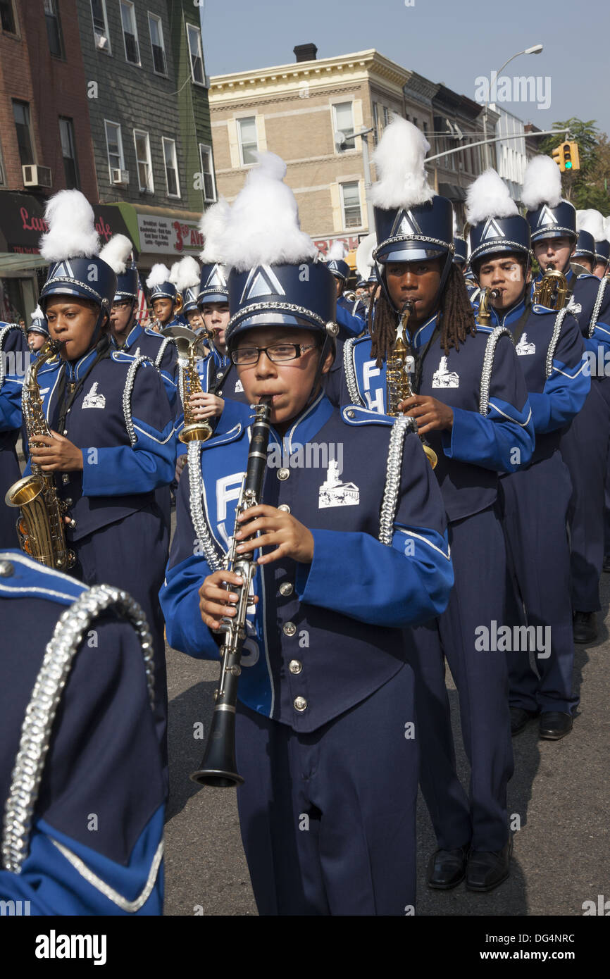 School marching bands march in the annual Ragamuffin Parade in Bay Ridge Brooklyn, NY. Stock Photo