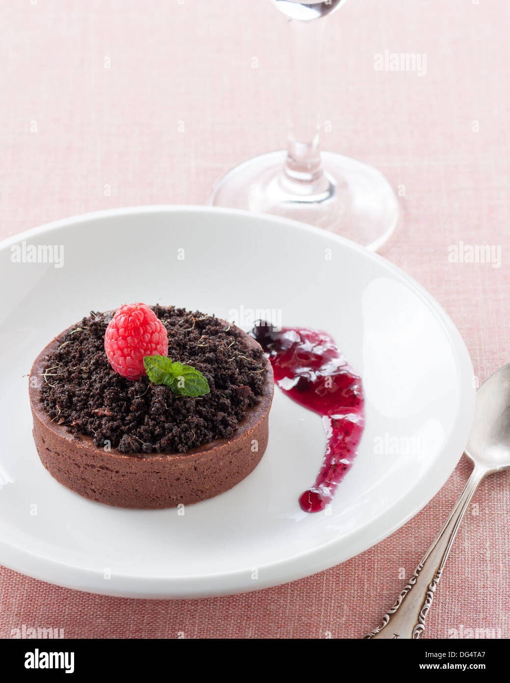 Portion of chocolate and strawberry cake on the table Stock Photo