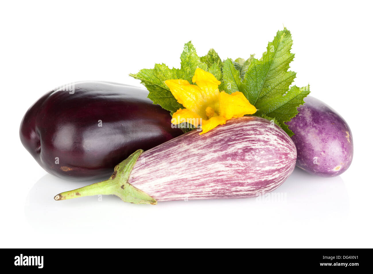 Fresh ripe eggplants. Isolated on white background Stock Photo