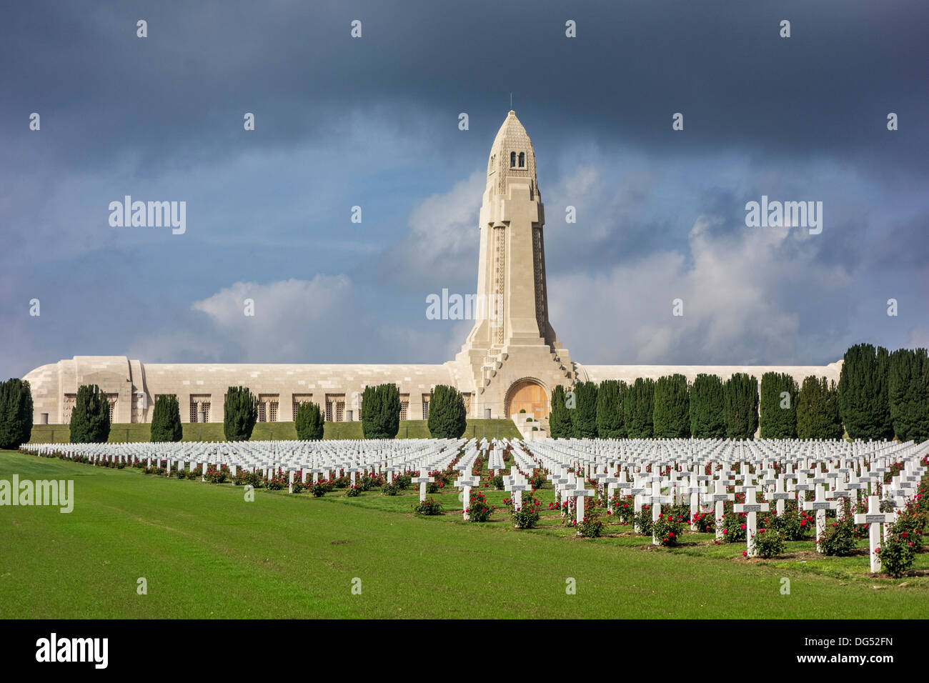 Douaumont ossuary and military cemetery for First World War One French and German soldiers who died at Battle of Verdun, France Stock Photo