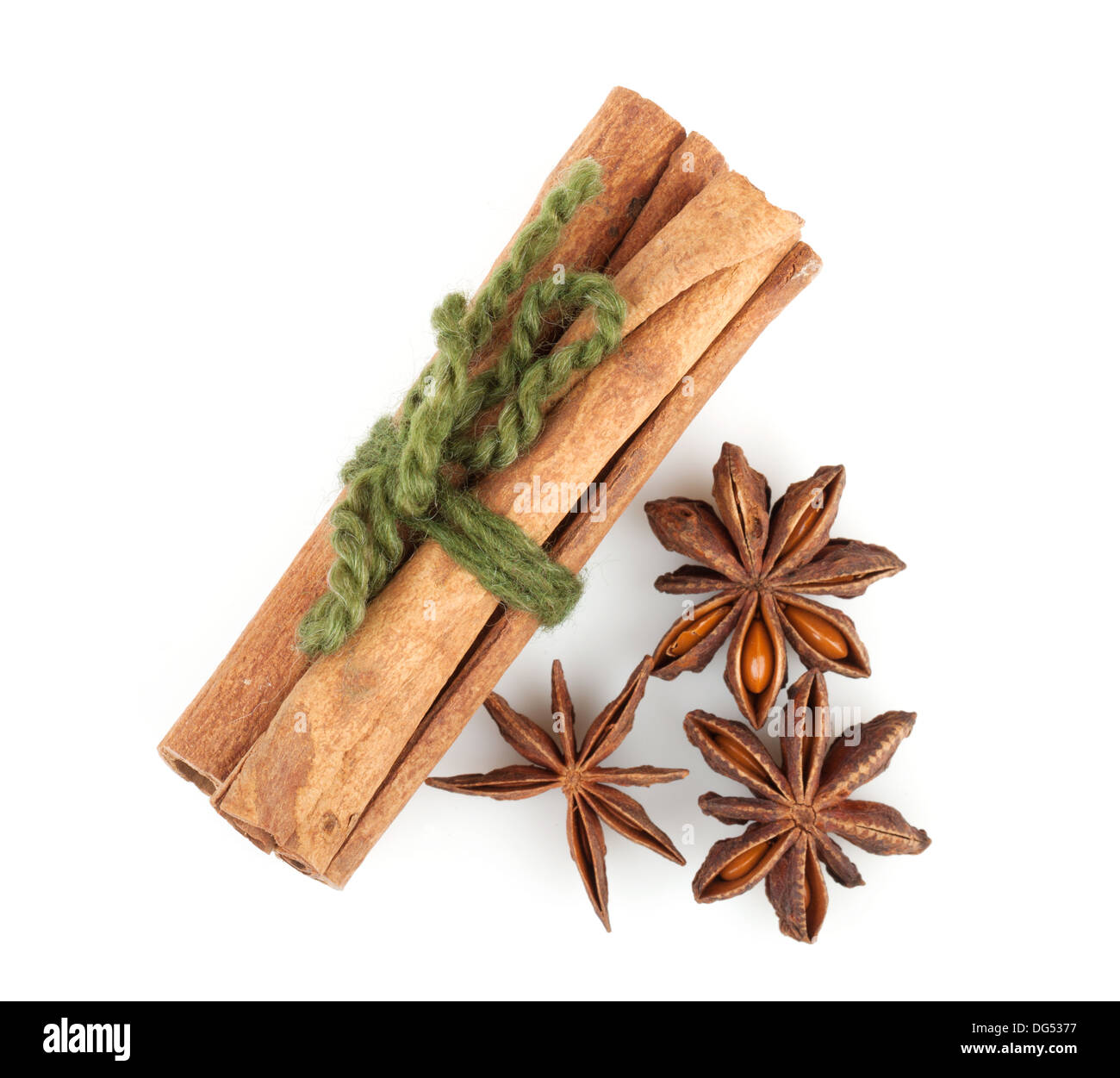Cinnamon sticks and anise. View from above. Isolated on white