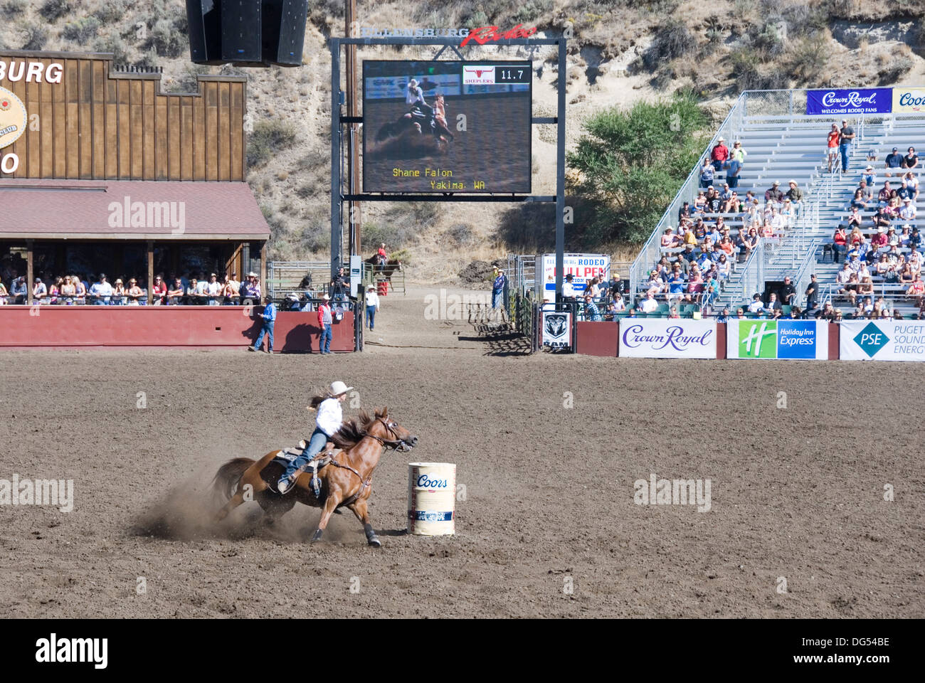 Shane Falon riding in the Girls Barrel Racing, Ellensburg Rodeo, Kittitas County, WA, USA. 2012