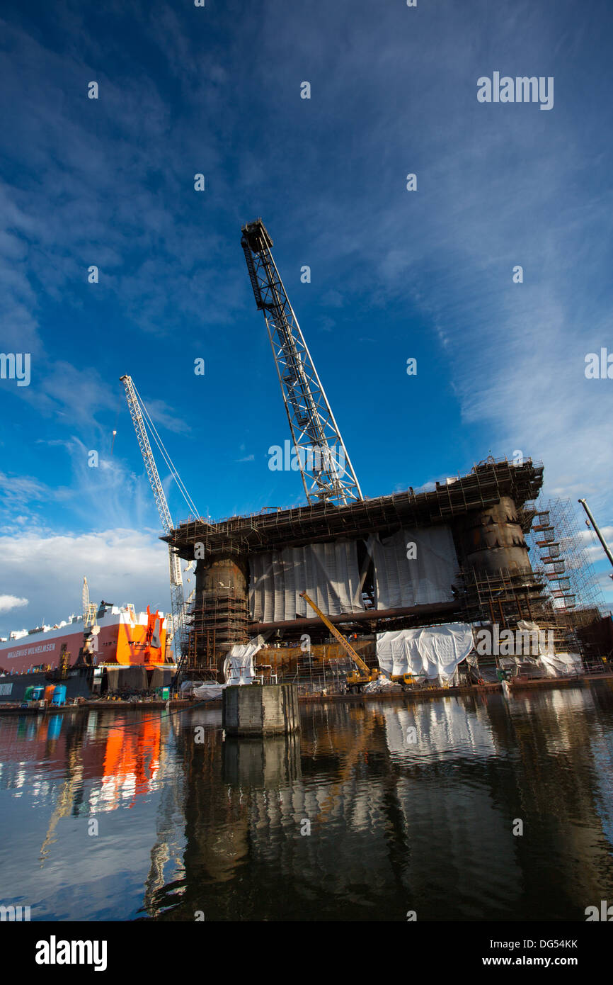 Docking oil rig at the Gdansk Shipyard under construction with a clear ...