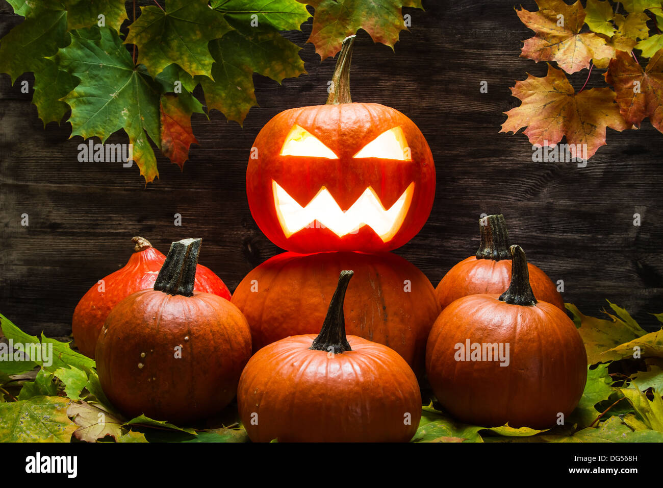Jack o lantern on pumpkins pile Stock Photo - Alamy