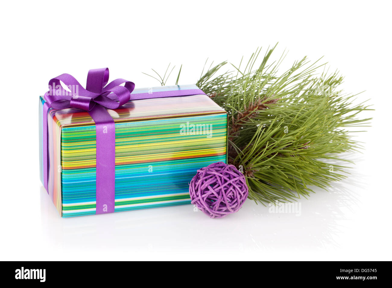 Christmas gift box, fir tree and decor. Isolated on white background ...