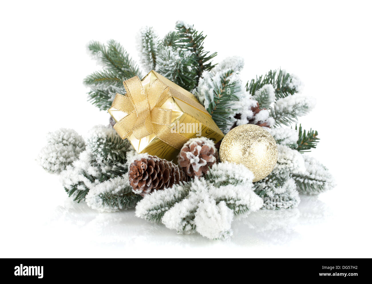 Gift box and christmas decor on snowy fir tree. Isolated on white ...