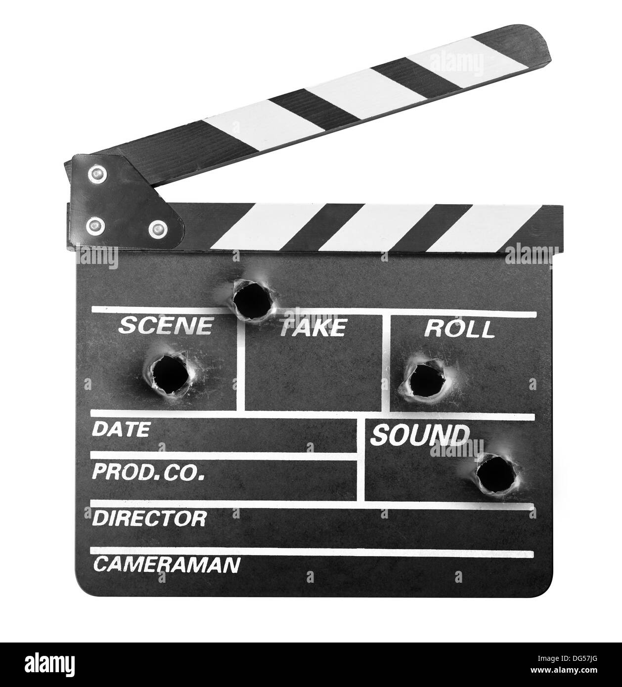 Movie clapper board with bullet holes Stock Photo
