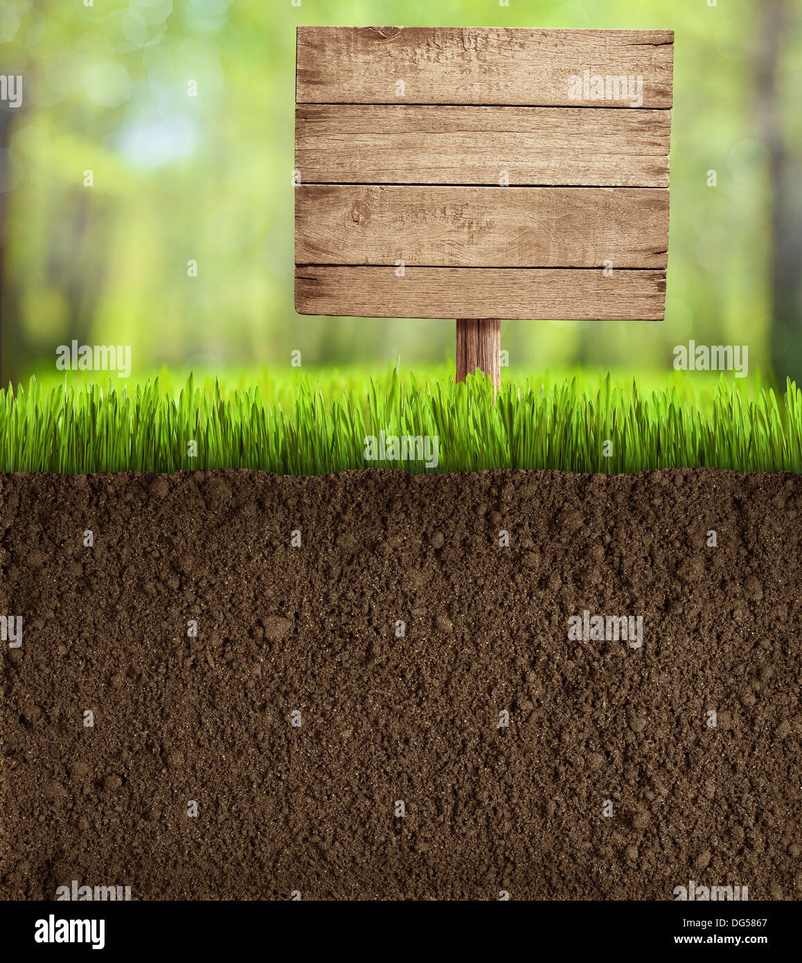 soil cut in garden with wooden sign Stock Photo