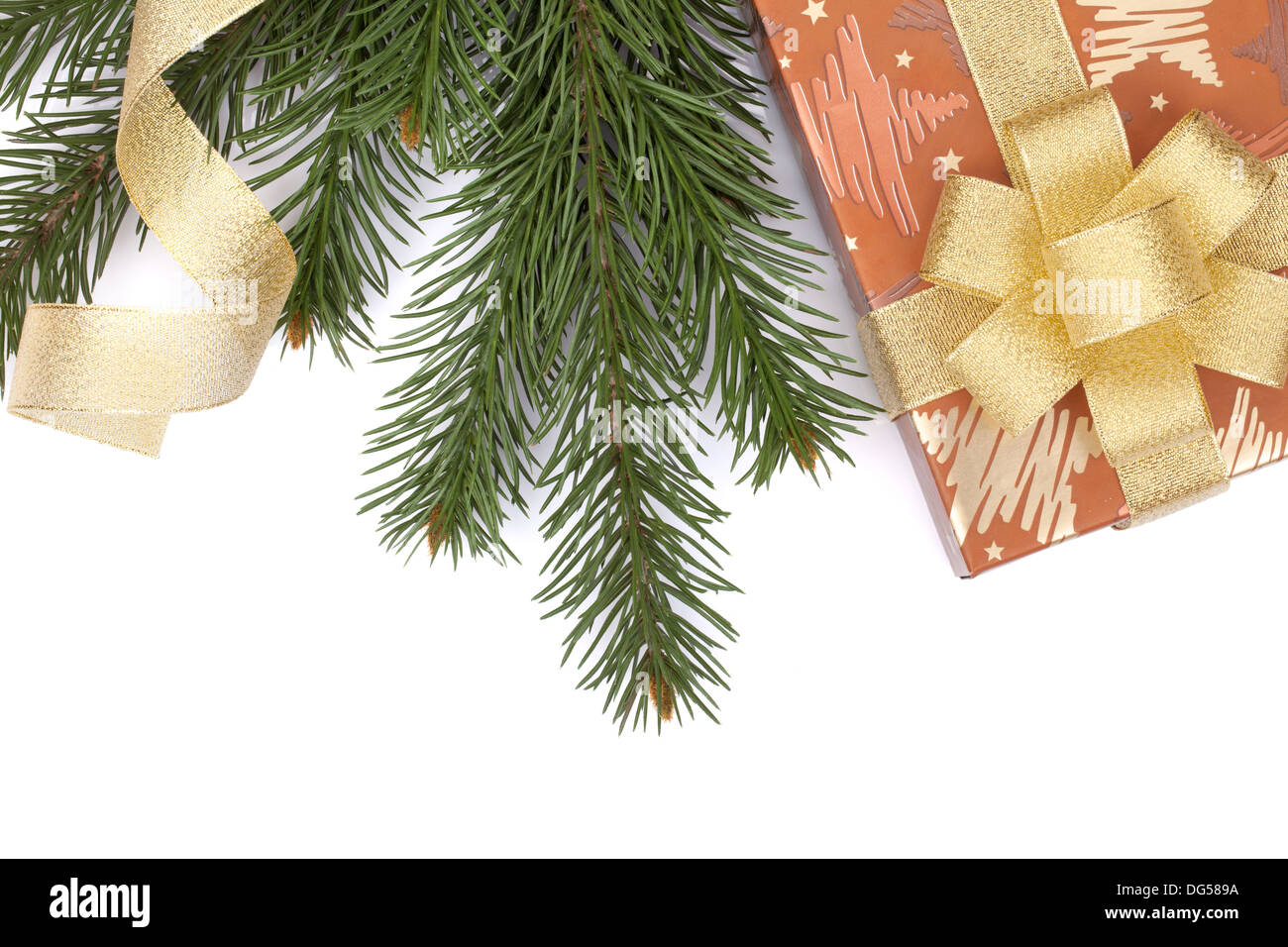 Christmas gift box and fir tree. Isolated on white background Stock ...