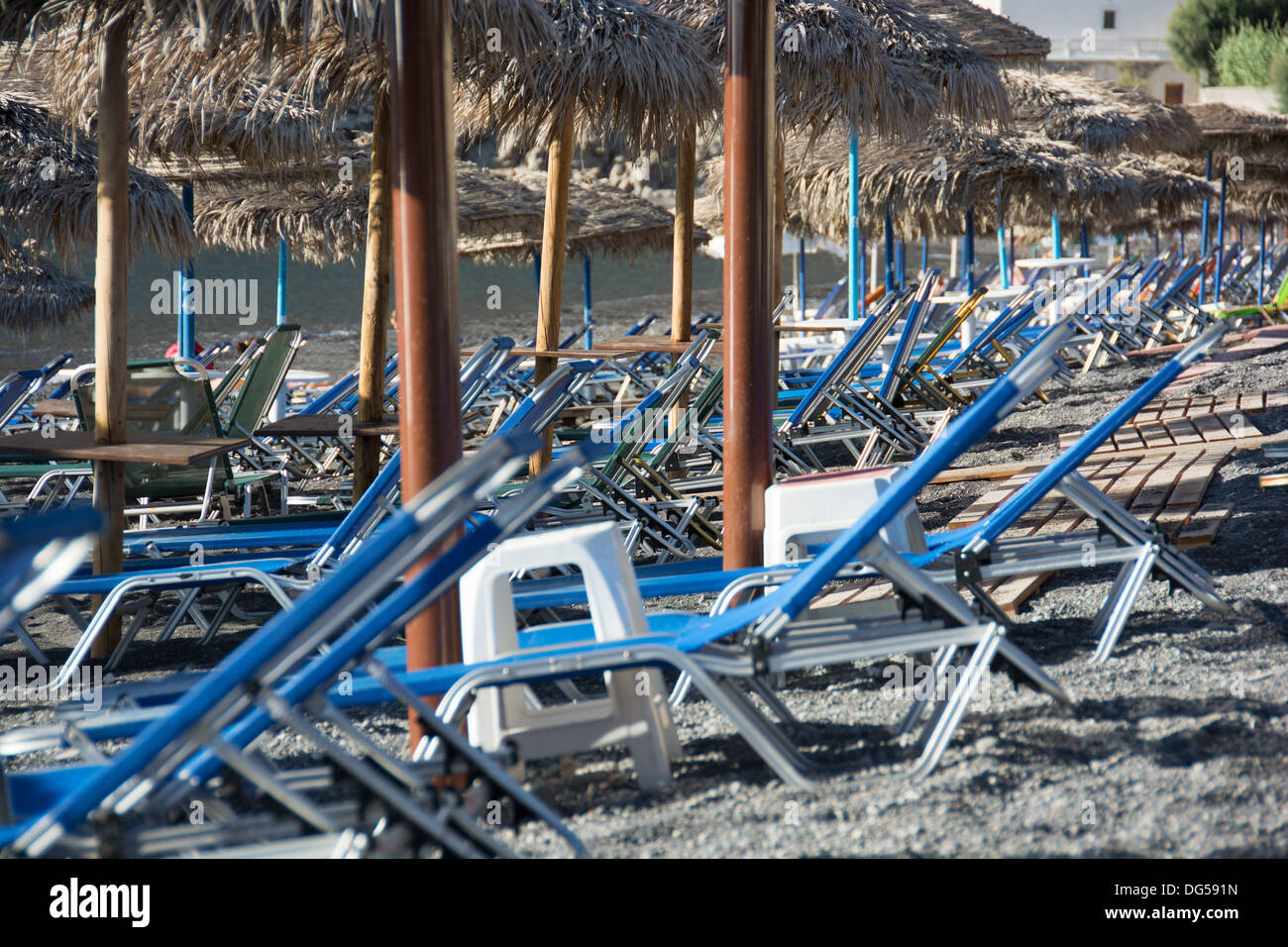 Lots of empty sunloungers on a beach. Santorini, Greece, 2013. Stock Photo